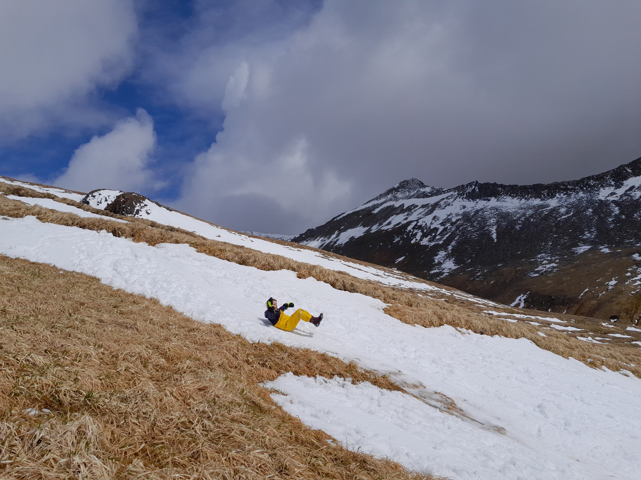 Sliding down the slopes of Mount Gilbert, Akun island