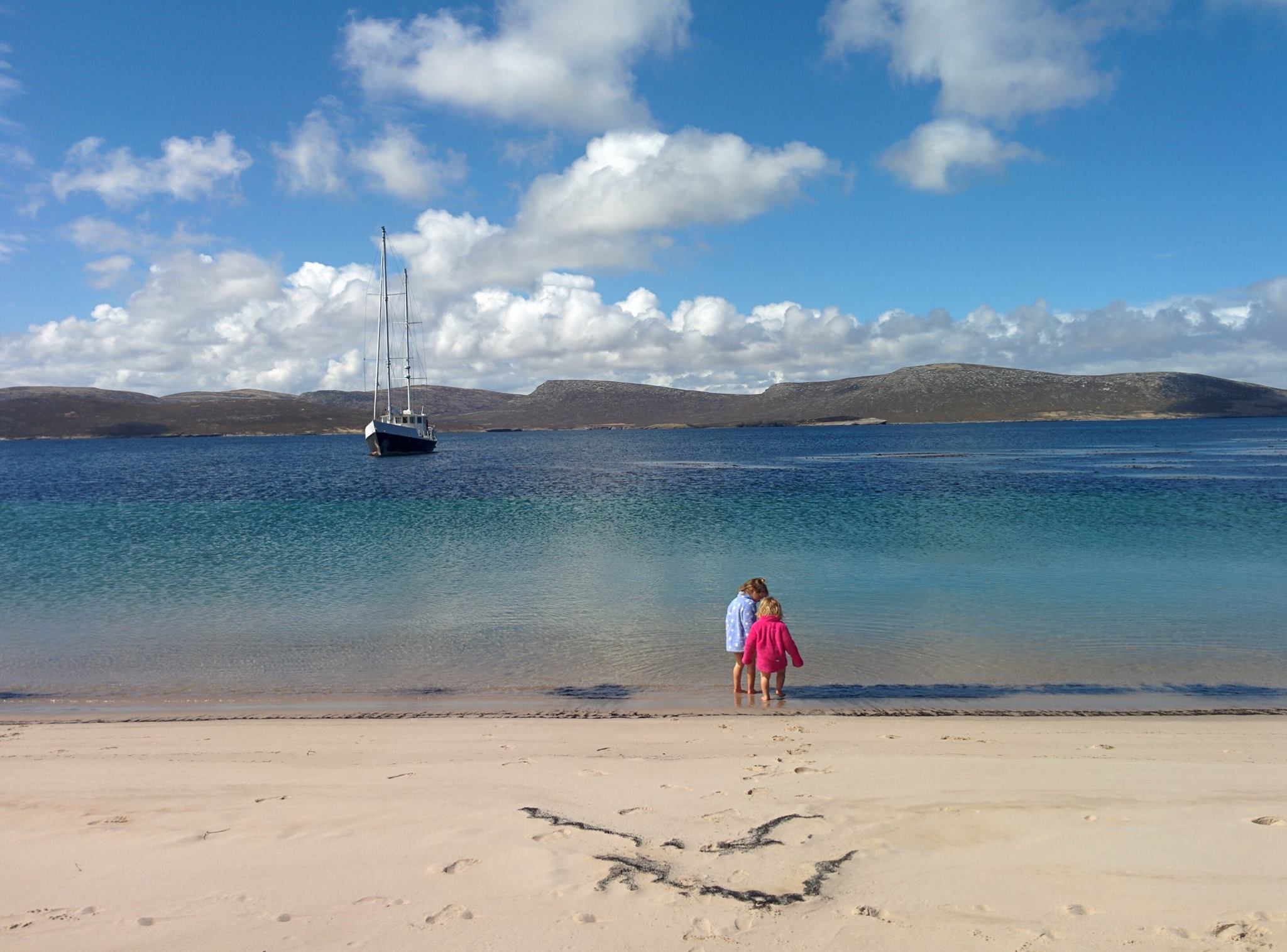 On the beach at Statts Island, Golden Fleece at anchor